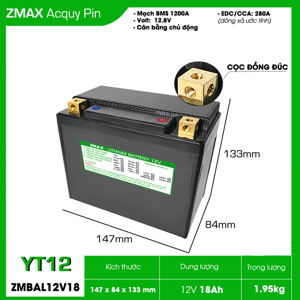 Bình Acquy ZMax Pin LFP/ Lithium LifePO4 12V 18Ah, ZMBAL12V18-YT12 Dùng Cho Xe Máy - Mô Tô