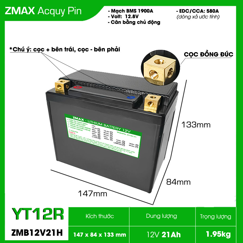 Bình Acquy ZMax Pin LFP/ Lithium LifePO4 12V 21Ah, ZMB12V21H-YT12R Dùng Cho Xe Máy - Mô Tô PKL