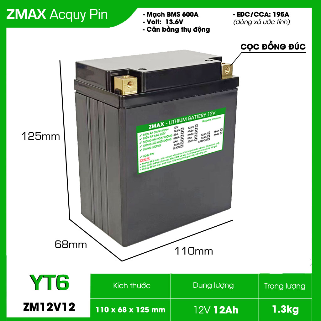 Bình Acquy ZMax Pin Lithium LifePO4 12V 12Ah, ZM12V12-YT6 Dùng Cho Xe Máy