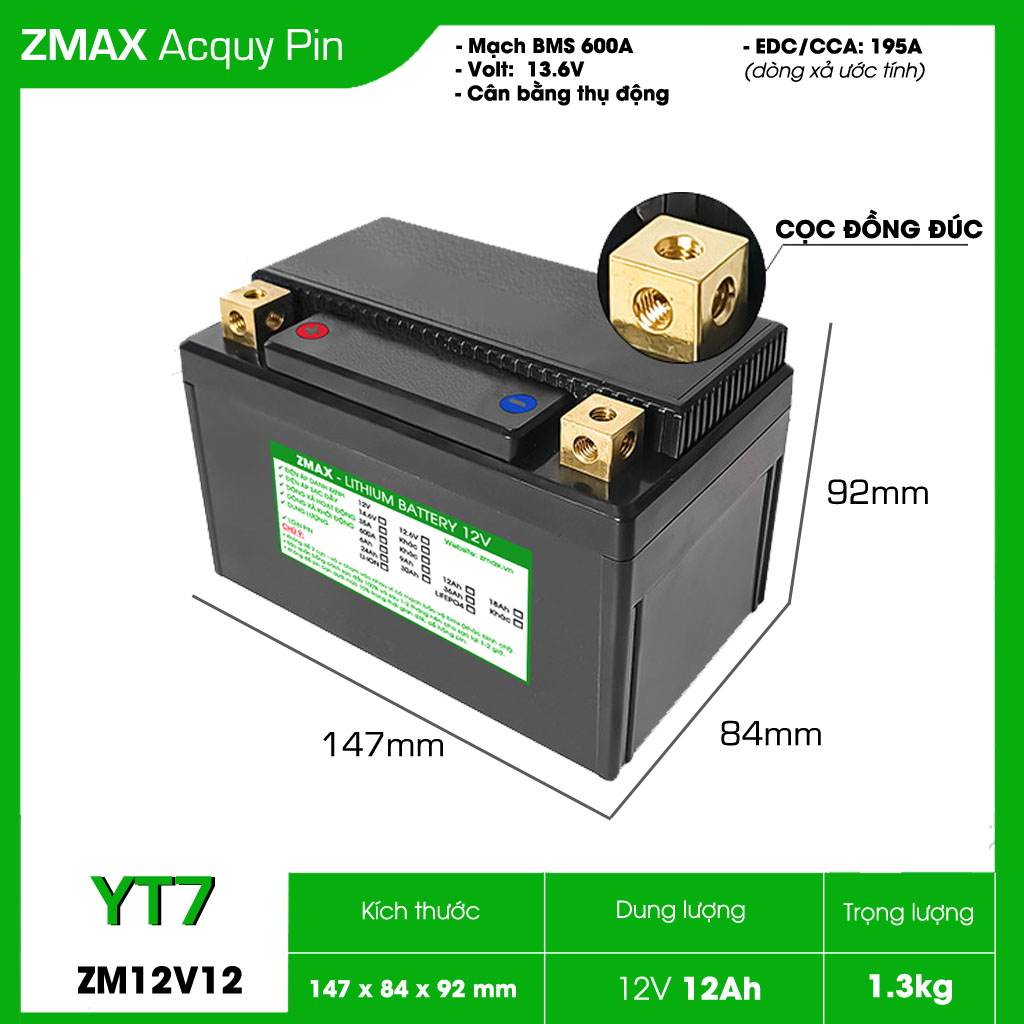 Bình Acquy ZMax Pin Lithium LifePO4 12V 12Ah, ZM12V12-YT7 Plus Dùng Cho Xe Máy