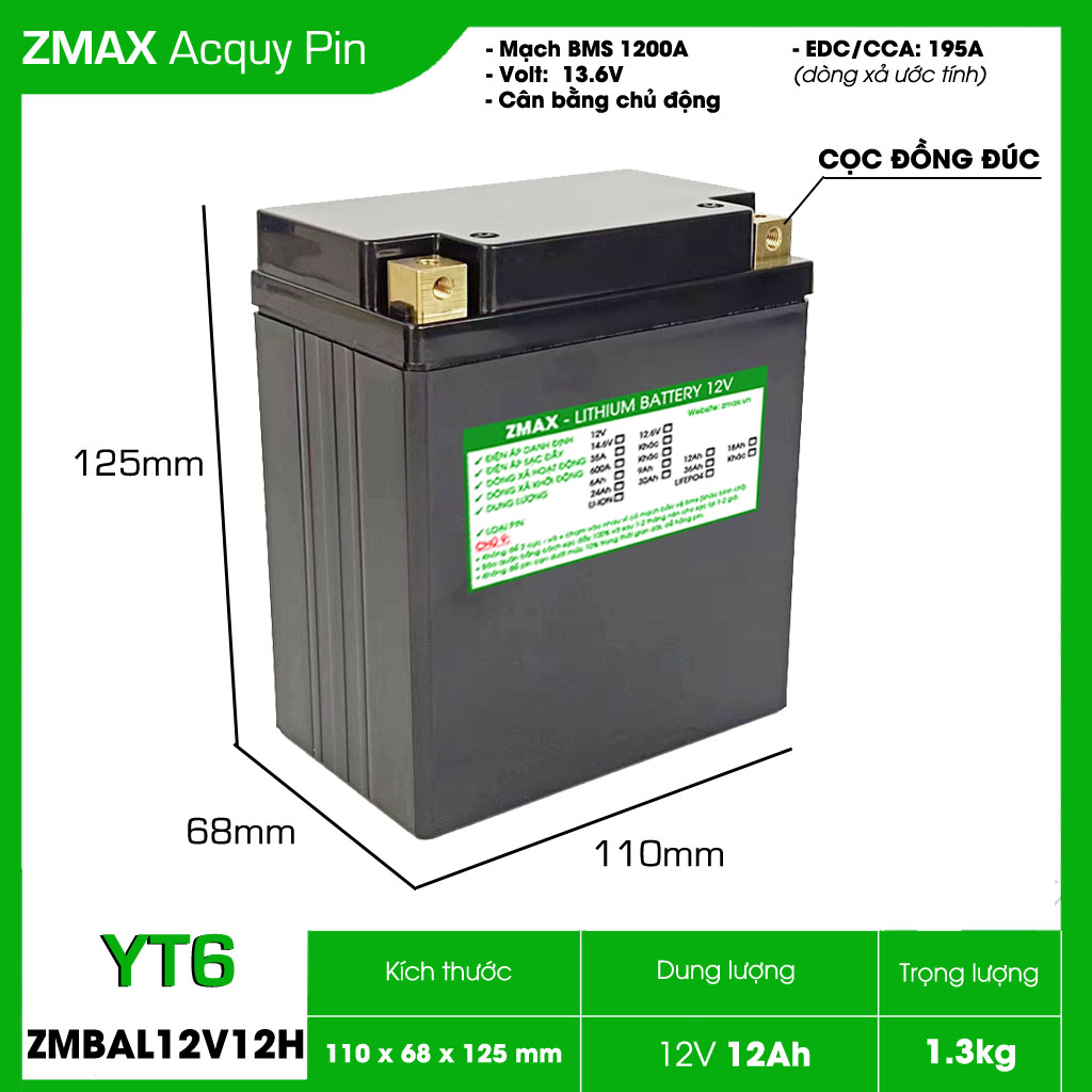 Bình Acquy ZMax Pin Lithium LifePO4 12V 12Ah, ZMBAL12V12H-YT6 Dùng Cho Xe Máy