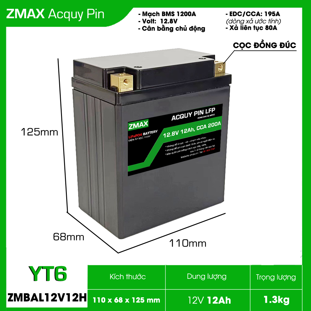 Bình Acquy ZMax Pin Lithium LifePO4 12V 12Ah, ZMBAL12V12H-YT6 Dùng Cho Xe Máy