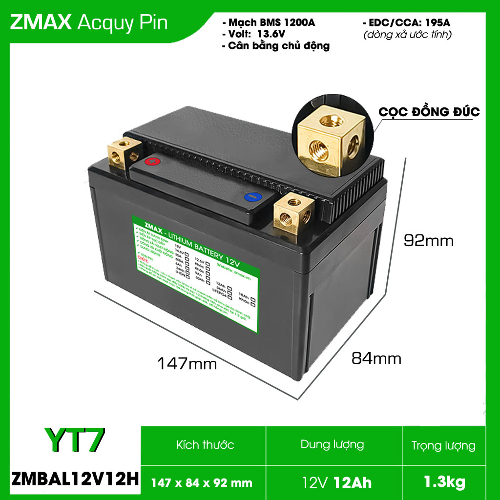 Bình Acquy ZMax Pin Lithium LifePO4 12V 12Ah, ZMBAL12V12H-YT7 Dùng Cho Xe Máy