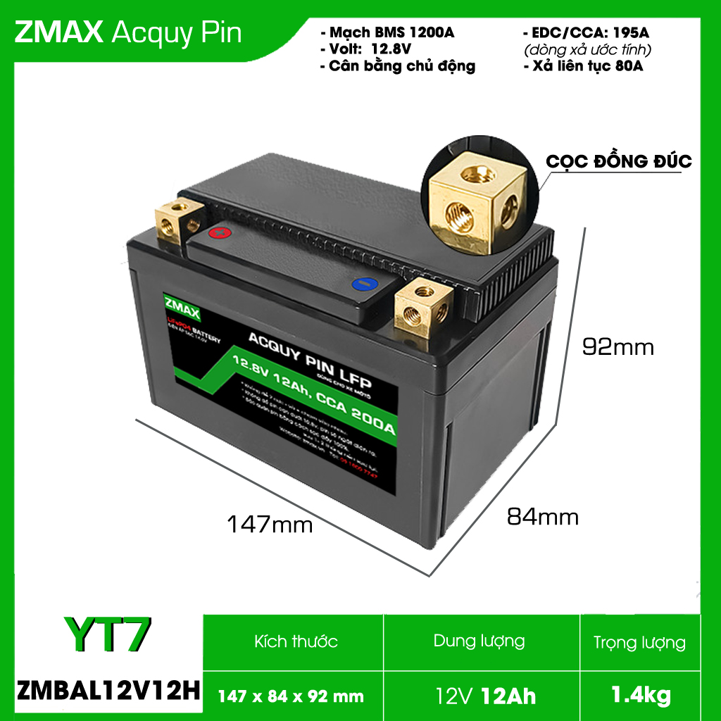 Bình Acquy ZMax Pin Lithium LifePO4 12V 12Ah, ZMBAL12V12H-YT7 Plus Dùng Cho Xe Máy