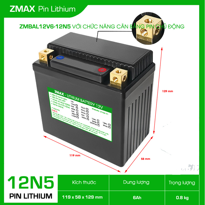Bình Acquy ZMax Pin Lithium LifePO4 12V 6Ah, Cân bằng chủ động ZMBAL12V6-12N5 Dùng Cho Xe Máy