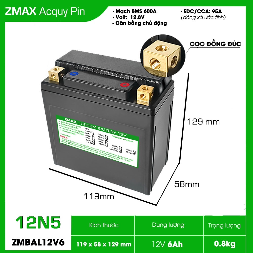 Bình Acquy ZMax Pin Lithium LifePO4 12V 6Ah, Cân bằng chủ động ZMBAL12V6-12N5 Dùng Cho Xe Máy