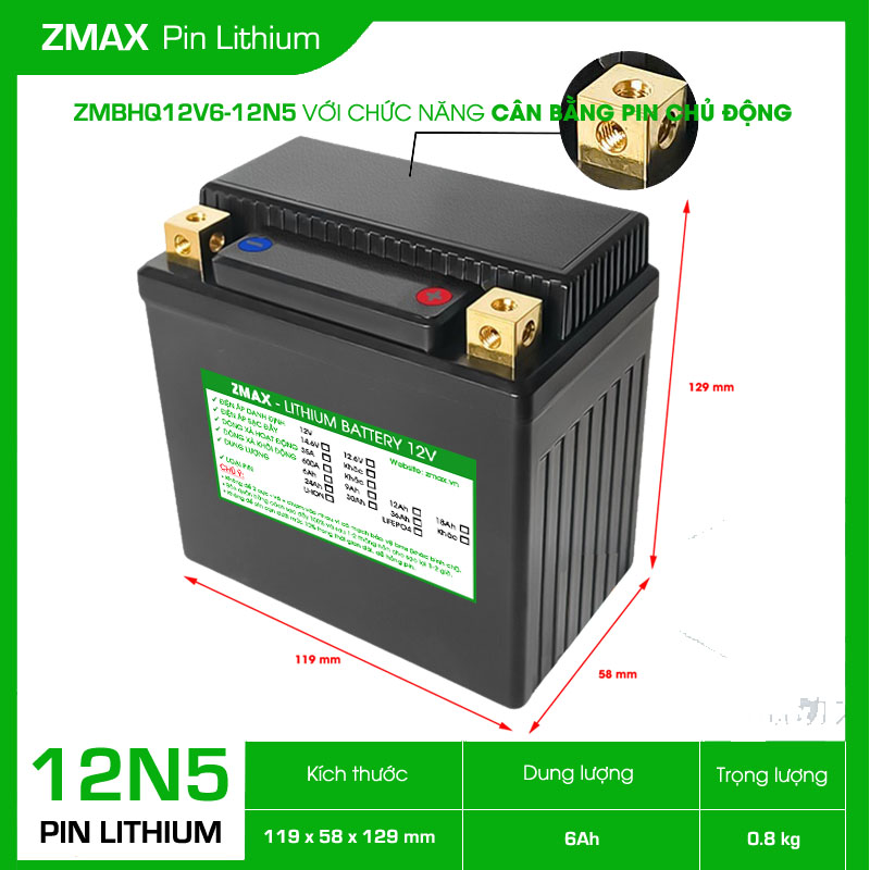 Bình Acquy ZMax Pin Lithium LifePO4 12V 6Ah, Cân bằng chủ động ZMBHQ12V6-12N5 Siêu tụ Fara Dùng Cho Xe Máy