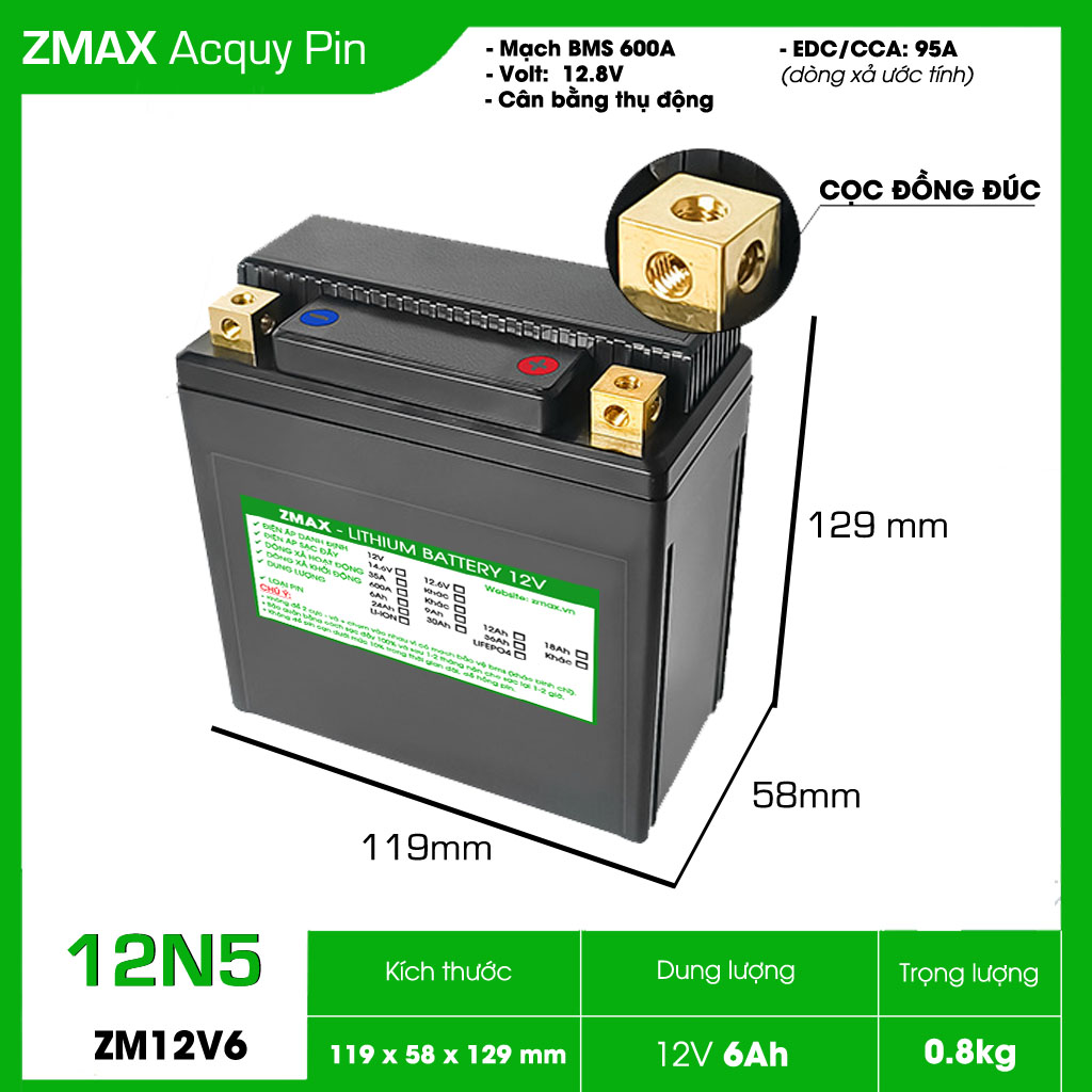 Bình Acquy ZMax Pin Lithium LifePO4 12V 6Ah, ZM12V6-12N5 Dùng Cho Xe Máy