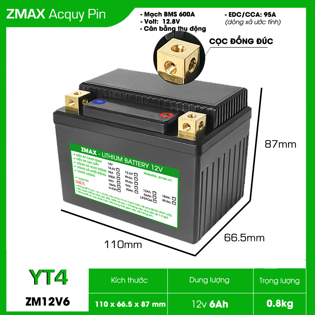 Bình Acquy ZMax Pin Lithium LifePO4 12V 6Ah, ZM12V6-YT4