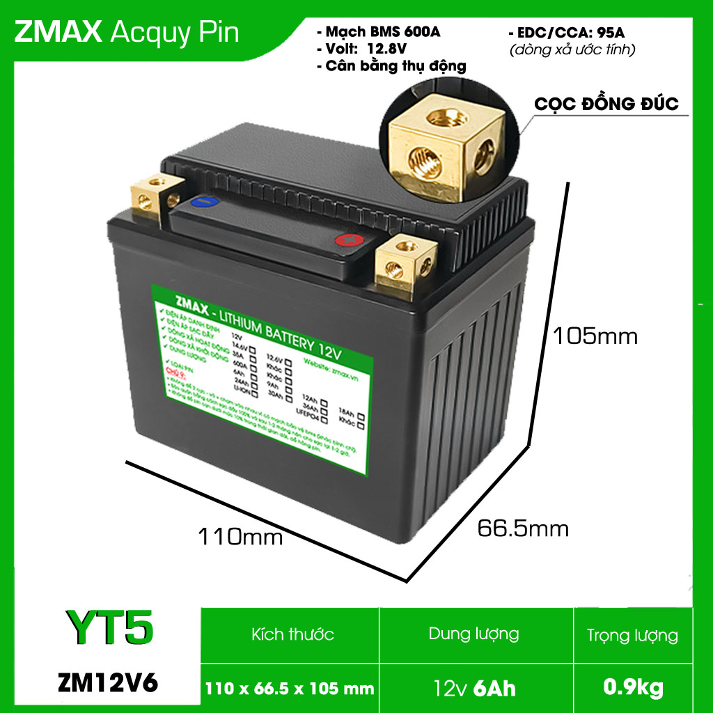 Bình Acquy ZMax Pin Lithium LifePO4 12V 6Ah, ZM12V6-YT5