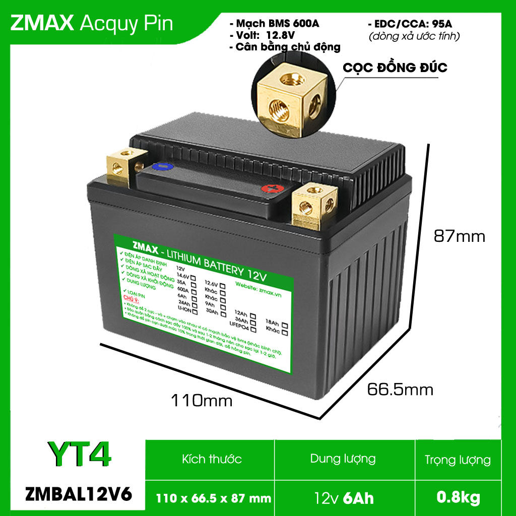 Bình Acquy ZMax Pin Lithium LifePO4 12V 6Ah, ZMBAL12V6-YT4 Cân Bằng Cell Pin Chủ Động Dùng Cho Xe Máy