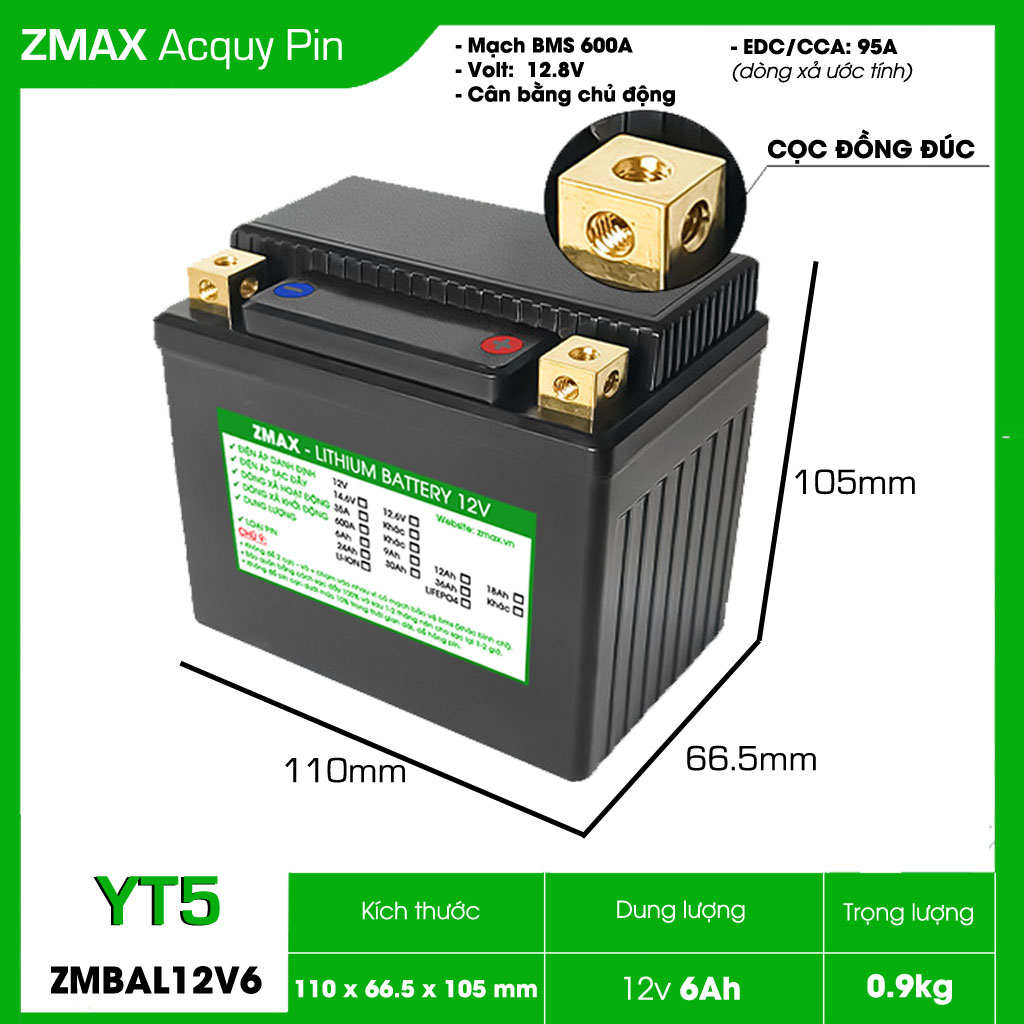 Bình Acquy ZMax Pin Lithium LifePO4 12V 6Ah, ZMBAL12V6-YT5 Cân Bằng Cell Pin Chủ Động Dùng Cho Xe Máy