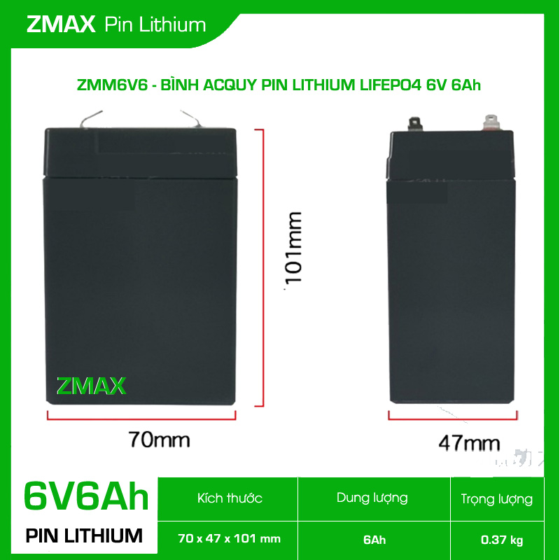 Bình Acquy ZMax Pin Lithium LifePO4 6V 6Ah, ZMM6V6